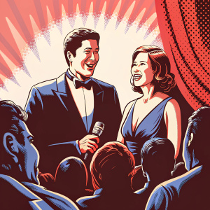 Ken Marino and Erica Oyama at the Emmy Awards. Ken in a black tuxedo, Erica in a black evening gown. They stand among other celebrities, forming a lively, dynamic scene.