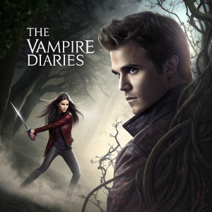 A promotional image for 'The Vampire Diaries'. Stefan Salvatore and Elena Gilbert in separate scenes, blended into a single dynamic collage.