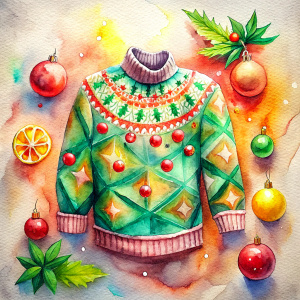 christmas jumper with  red orange green  mistletoe  patterns snowflakes ,christmas tree, christmas ornaments garland , candy , vintage illustration, watercolour, 