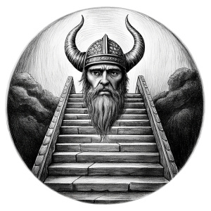 viking in walhalla stairs runen symbols pattern - perfect realistic art, high-definition, high-definition grey and black, white background 