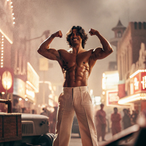 Tiger Shroff, shirtless, flexing muscles in front of a bustling street scene. Vibrant city backdrop.