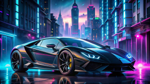 Lamborghini cloaked in Black Panther-themed design, sleek black matte finish, vibranium accents mimicking superhero suit, Panther emblem emblazoned on doors, subtle Wakandan runes etched along edges, parked in moonlit Wakanda-inspired futuristic cityscape, neon signs flickering, dynamic angle showcasing aerodynamic lines, ultra-clear, digital painting.