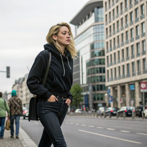 Amber Heard on the streets of Berlin, wearing casual outfit. Dark jeans, black hoodie.