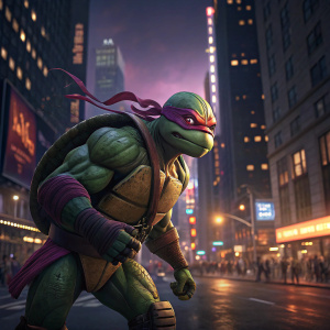 Raphael, a Teenage Mutant Ninja Turtle, mid-fight pose. Green skin, red mask, and purple bandana. Background is bustling New York City street at night.