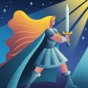 3D model of a blonde warrior princess, She-Ra inspired character, wielding a sword. Dark, starry night background, dramatic lighting.