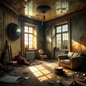 A dilapidated room with no windows, where abandoned homeless people live. 2 beds on the floor. Everywhere is messy and dirty. The wall plaster has fallen off, the wallpaper has peeled off on the wall on the right. A large old fan hangs from the ceiling. An old tattered orange armchair in the middle of the room. An old suitcase, shoes and a broken floor lamp next to the window.