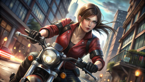 Realistic style portrait of the young and beautiful Claire Redfield from Resident Evil, riding a motorcycle in the city, with a blurred background.






