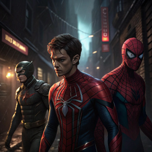Characters from Spider-Man franchise: intense expressions. Dark urban alleyway background.