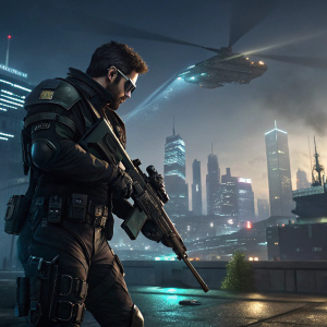 Realistic digital art featuring Adam Jensen in Deus Ex: Mankind Divided. Dressed in sleek, dark cybernetic armor, Jensen holds a high-tech rifle. City skyline and massive hovercraft visible in the background. Nighttime scene with neon lights and dramatic shadows.