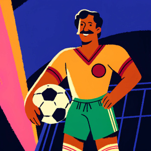 Digital illustration. Mid-century inspired design. Man in vintage soccer uniform. Mustache, green shorts, team emblem. Confident pose with soccer ball.