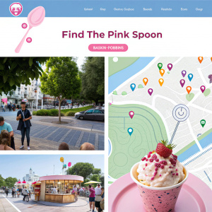Webpage screenshot featuring interactive game 'Find the Pink Spoon' by Baskin-Robbins. Game includes trivia questions and a map with locations.