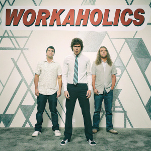Promotional poster for 'Workaholics' featuring three main characters. The backdrop is a mix of abstract shapes and colors. Each character stands out with unique facial expressions and outfits, set against a bold, repeating pattern of stylized text. The design is playful and vibrant, using dynamic typography and a fun, quirky aesthetic.