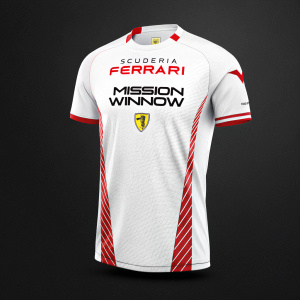 Concept art for a new Scuderia Ferrari Mission Winnow soccer jersey. The design blends sleek white with bold red accents, highlighting the Mission Winnow logo. The background is deep black, emphasizing the jersey's striking color combination.
