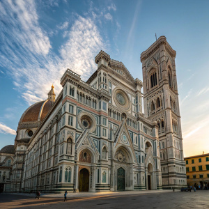 Florence Cathedral, Basilica di Santa Maria del Fiore. Gothic Renaissance architecture. Columns, arches, sculptures. Clear blue sky. Wispy clouds. Low angle shot.