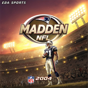 Cover art for 'Madden NFL 2004'. Scene featuring a gridiron player amidst a stadium, EA Sports logo prominent, year 2004 subtly shown