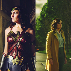 Photo collage showcasing Gal Gadot as Wonder Woman, donning both her superhero and civilian attire.