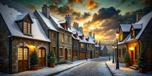 Street of a Victorian city. Winter, white fluffy snow lies on the pavement. Midnight, very dark, stars and clouds in the sky. Stone houses with red tiled roofs, wooden window frames, wooden doors. The windows are lit from the inside with dim, weak light. Christmas decorations on the windows and doors. The building on the right in the foreground is a store with a beautiful sign; toys and books are visible in its window.