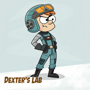 Cartoony illustration of Mandark from Dexter's Lab, wearing a pilot suit. He's in a high-action pose with a serious expression. The background is simple, with the series title at the bottom.