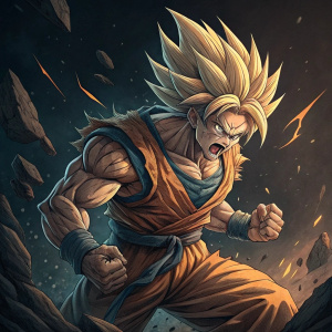 Illustration of Goku from Dragon Ball Z in a fierce battle pose. Dark background with intricate design details. Textured illustration style