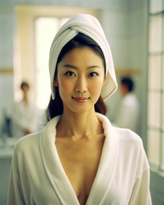 1girl, 25-year-old Korean actress Clara Lee Sung-min, with her head wrapped in a towel, wearing an open white bathrobe, bathroom: 1.2, collarbone, looking at the audience, ((turbulent)), ((perfect body proportions)), (panoramic view: 1.3), Beautiful and mature, grinning, deep shadow, Mario Testino style, half body to chest: 1.1<lora:DetailedEyes_xl_V2:1>, <lora:neg4all_bdsqlsz_xl_V7:1>, (super delicate oval face)), ((beautiful eyes with long eyelashes, ((real quality)),((Leica RAW photo)),64k,((