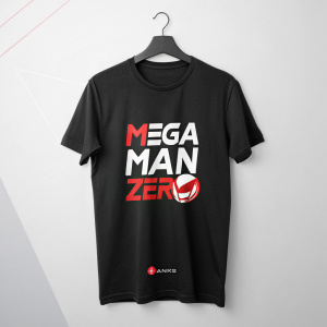 Modern and sleek 'Mega Man Zero' logo design featuring red and white colors. Featured on a black t-shirt with 'THANKS' at the bottom, ensuring easy brand recognition.