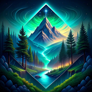 logo, Coniferous forest divided by a river, surrounded by mountains, drawn with neon lines of birch and green colors