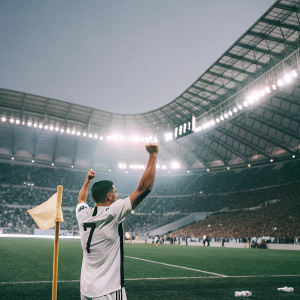 Photograph: Cristiano Ronaldo in victorious pose on soccer field. White jersey with black trim, number 7. Resolute look amidst cheering crowd. Bright stadium lights, vibrant team colors.