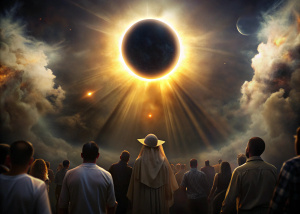 create a photo, solar eclipse, ominous warning, demonic lighting, angelic glow, atmosphere of uncertainty and fear, people watching, view from below