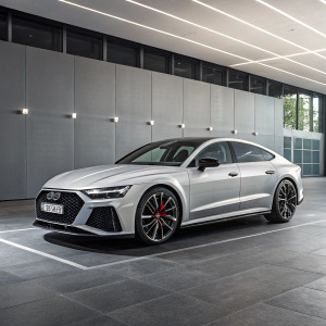 The latest Audi RS7 Sportback parked in a spacious showroom. Modern design with sharp lines and sleek silhouette. Gray background, highlighting car features