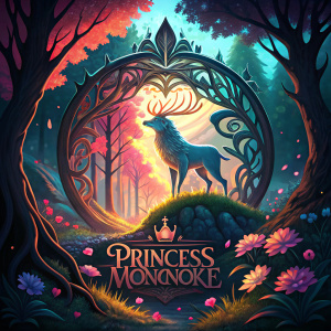 Digital art of Princess Mononoke logo. Fantasy world illustration with vibrant colors.