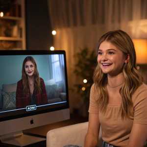 Stefanie Scott, at a virtual fan event, chatting with a character from Insidious Chapter 3. Zoom call background