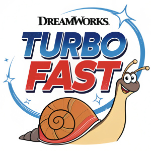 DreamWorks Turbo Fast logo, featuring a playful cartoon snail. The design combines English and Chinese text in a vibrant color palette. The snail mascot stands out against a crisp, clean background.