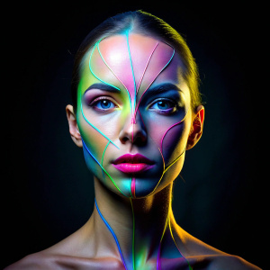 The image is an abstract illustration of two faces, one on top of the other, both looking in different directions. They are set against a black background and are the main focus of the image. The faces are created using a combination of bright lines, with different sections of the face made up of different colors such as blue, pink, yellow, and white. The colors are vibrant and create a sense of movement and energy in the illustration.