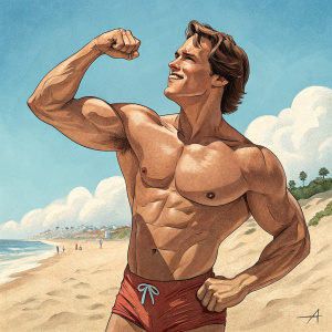 Arnold Schwarzenegger, former Mr. Olympia, posing shirtless on a sunny beach, flexing his muscles in a candid shot.