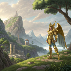 Digital artwork of Aiolia from the Saint Seiya series in a mythical landscape.