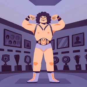 Khabib Nurmagomedov, with curly hair, stands tall in a gym surrounded by trophies and UFC memorabilia.