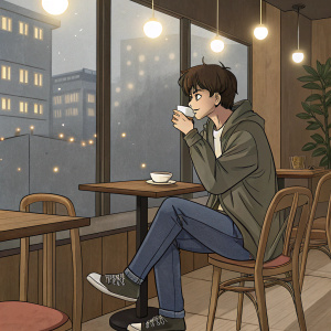 Shinichi Kudo in a cozy cafe setting, sipping coffee, casual attire. Soft ambient lighting, wooden tables and chairs.