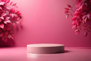 round pink podium, very pink background, dark pink leaves on the side, 