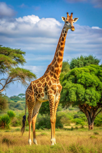 La jirafa es el animal terrestre más alto del mundo, con los machos alcanzando alturas de hasta 5.5 metros. Su cuello largo, compuesto por siete vértebras como en la mayoría de los mamíferos, les permite alcanzar las hojas de los árboles altos. Tienen un patrón distintivo de manchas marrones sobre un fondo crema, que varía entre los individuos. Sus largas patas delanteras son más largas que las traseras, lo que les da una caminata característica. Sus lenguas pueden medir hasta 45 centímetros, ad