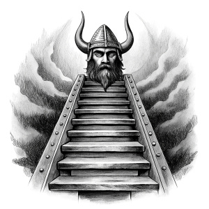 viking in walhalla stairs runen symbols pattern - perfect realistic art, high-definition, high-definition grey and black, white background 