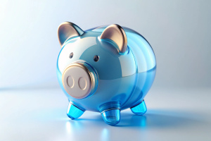 3d, piggy bank with a coin icon, gradient colour of blue and white, frosted glass texture, glossy base, simple forms, minimal details, 3d rendering, white background, isometric, translucent, technology sense, studio light