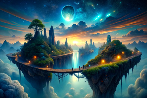 Create a scene of a midjourney across floating islands connected by ethereal bridges, with mythical creatures guiding the way through the celestial expanse