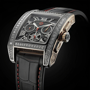 A luxury Christophe Claret X-TREM-1 watch, detailed damascened steel design, set against a sleek black background