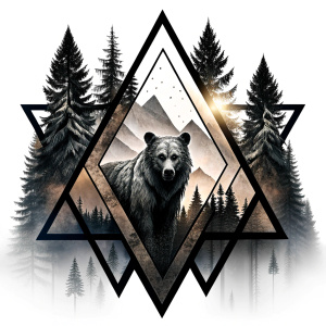 valknut runes pattern geometric symbols - bear and trees - tattoo design - perfect realistic art - high-definition - grey and black - white background 