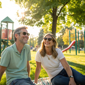 Dan Chariton and Stacy Chariton, dressed casually, at a sunny park. Background filled with trees and playground equipment.