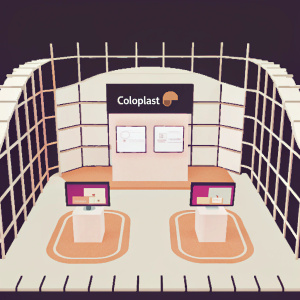Virtual booth design for Coloplast. Modern and sleek layout. Highlighting medical technology in a futuristic digital setting.