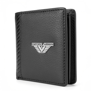 High-definition image of an Emporio Armani wallet. Black faux leather with V-shaped logo. Monochromatic design.