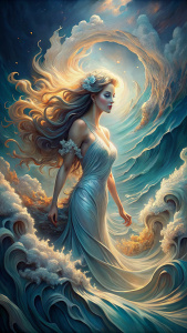 Una representación artística de Afrodita emergiendo del mar, el cabello fluyendo como las olas.