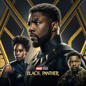 Promotional poster for Marvel's Black Panther. Diverse cast, central figure with serious expression. Gold and black background. Marvel logo prominent. Cinematic style