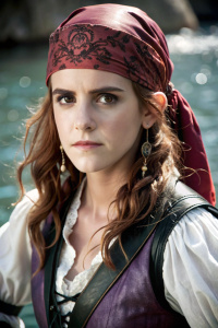 emma watson as pirate elaine marley with red hair, wearing a purple bandana.